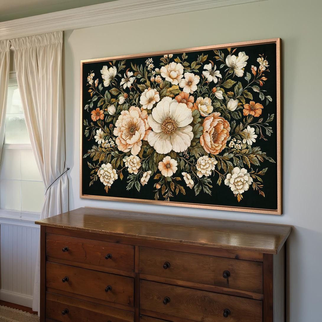 Framed Wall Art featuring a floral bouquet in a vintage style. Warm, earthy tones of cream, orange, and green on a dark background. Perfect for adding elegance.