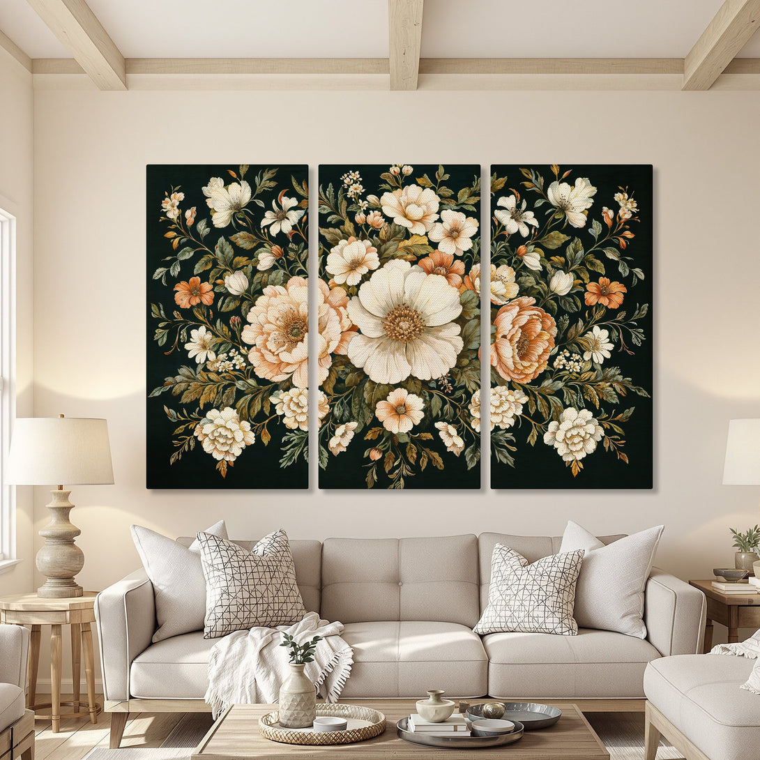Triptych Canvas Print featuring elegant floral art in a vintage style with a dark green and warm neutral color palette, perfect for home decor.
