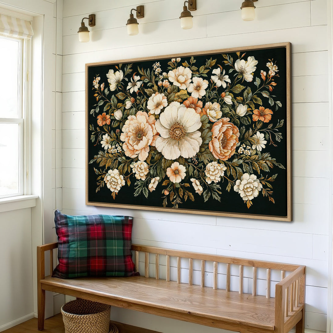 Framed Wall Art: Floral Canvas Print in a farmhouse style, featuring a dark background with cream, peach, and green tones. Perfect for home decor!