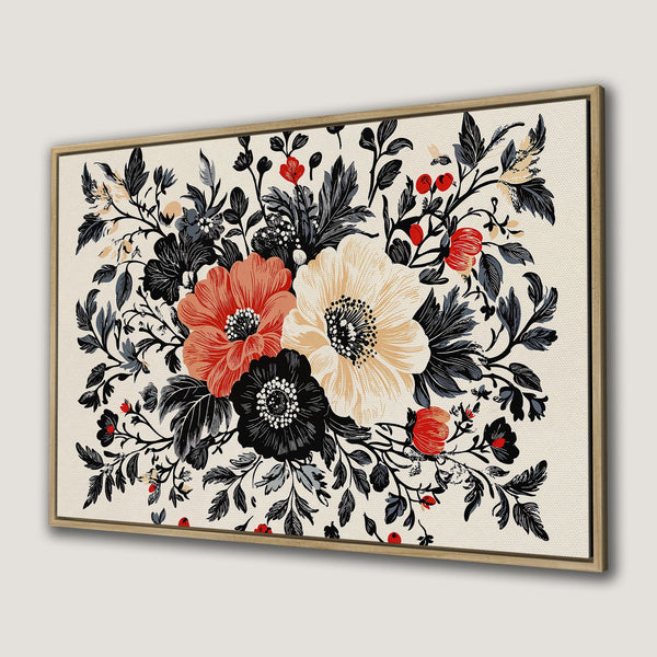 Framed Wall Art featuring a floral design in a vintage style. The color palette includes red, black, cream, and gray. Perfect for adding a touch of elegance.