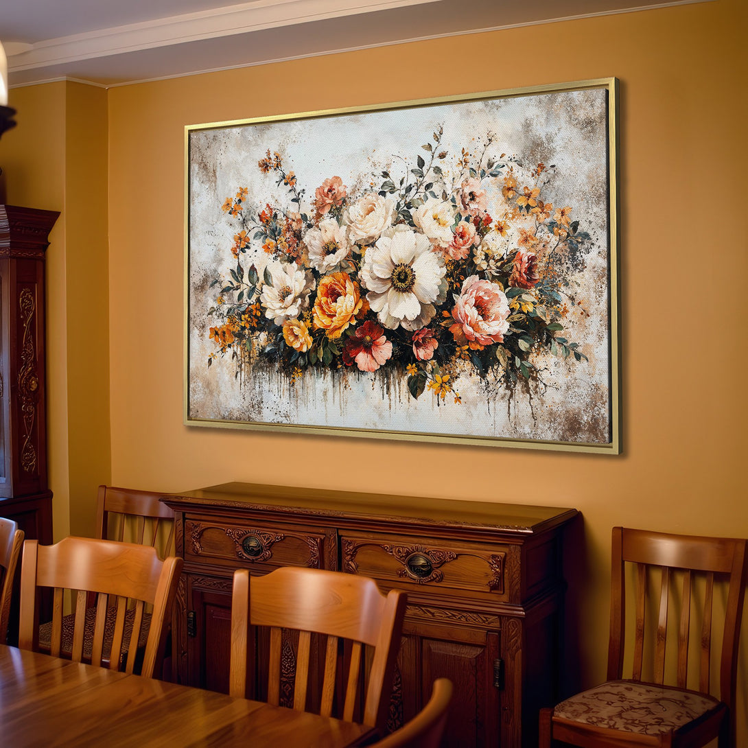 Canvas Print of floral art in warm tones, perfect for adding a touch of elegance to any room. Featuring roses and peonies.