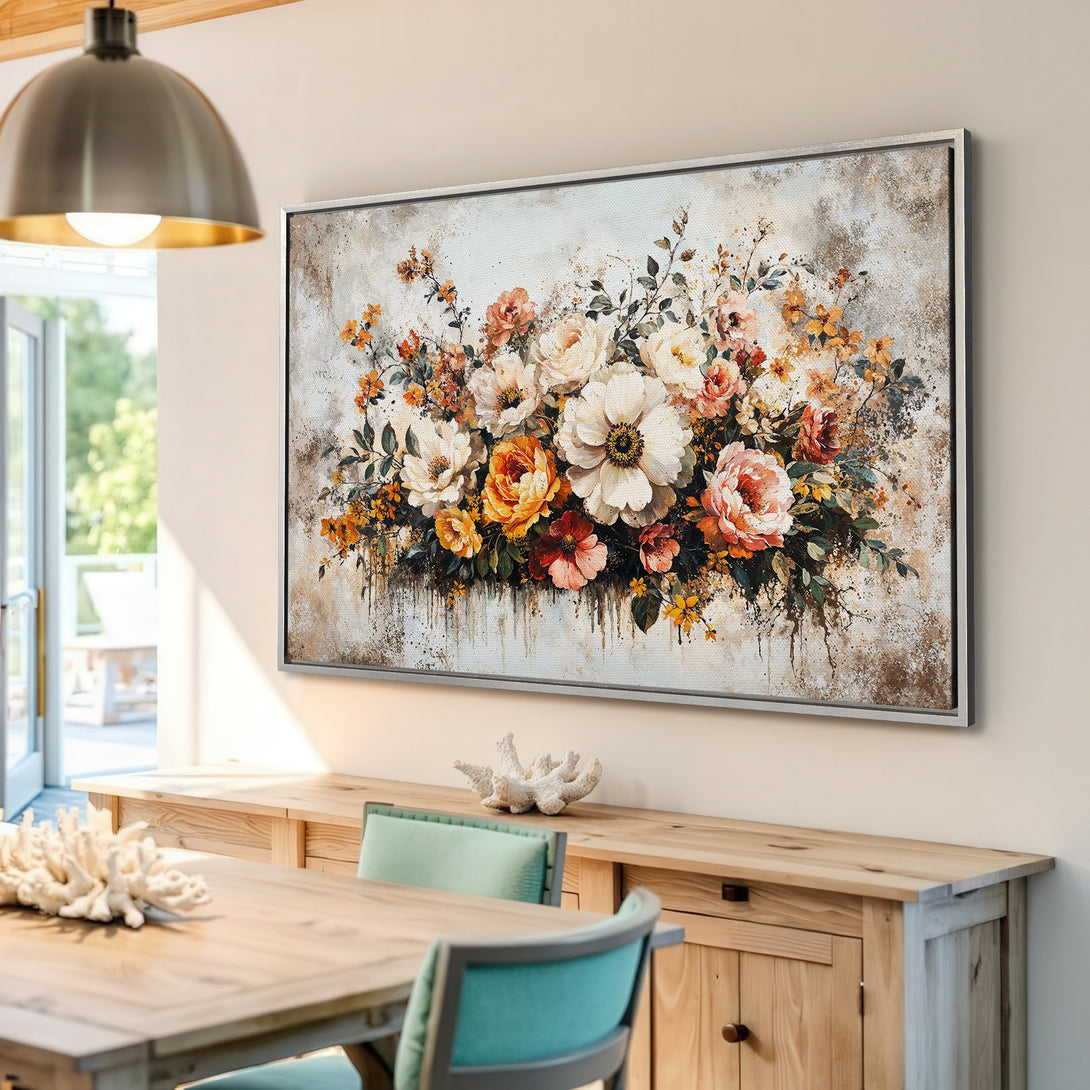 Framed Wall Art featuring a floral bouquet in warm tones. This canvas print adds a touch of elegance with its vintage style and inviting color palette.