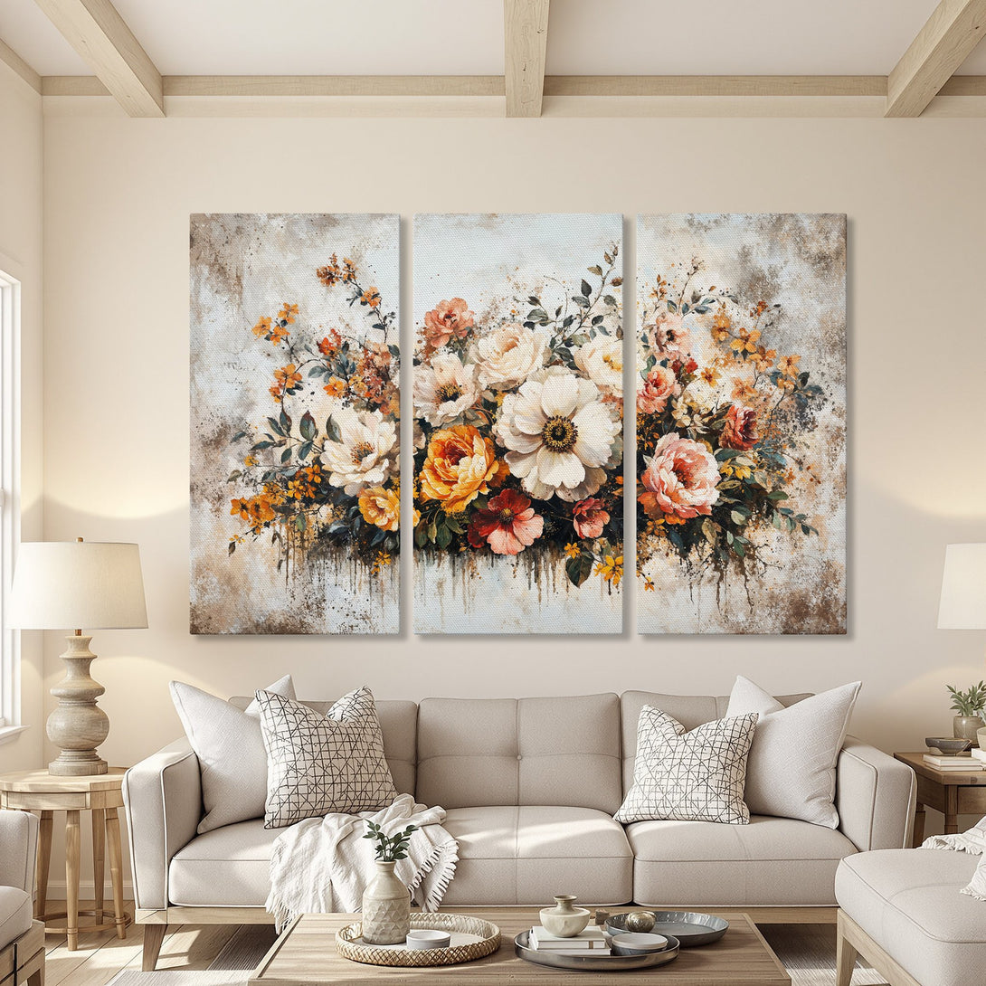 Canvas Print of floral artwork in warm tones. Perfect for living room decor. Features a beautiful bouquet in a vintage style.