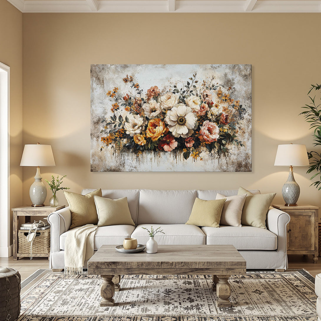 Framed Wall Art: Floral Canvas Print in warm tones. Featuring a beautiful bouquet with orange, white, and pink flowers, perfect for home decor.