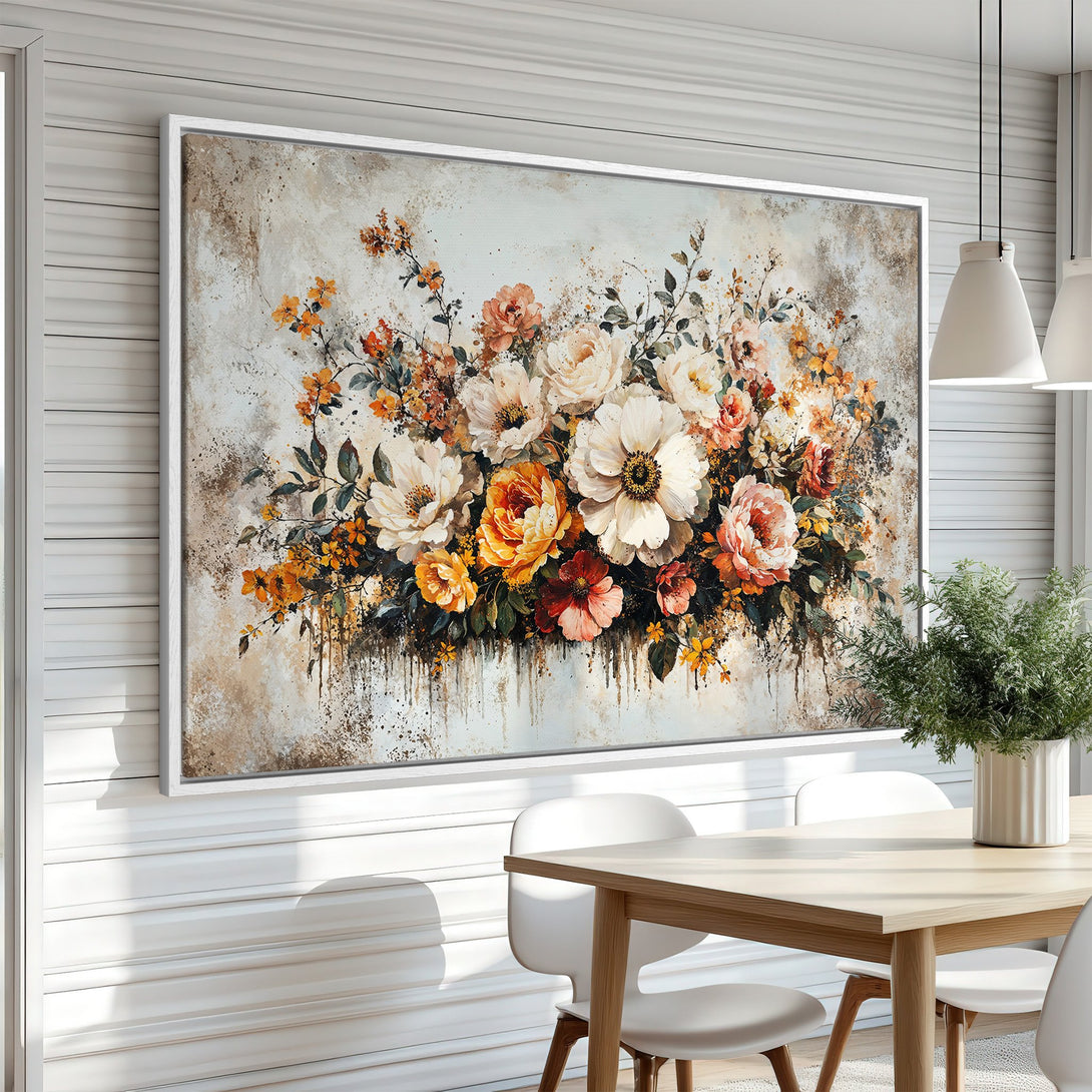 Framed Wall Art: Stunning floral Canvas Print in warm tones. Rustic style painting with cream, orange, and brown color palette. Perfect for living room or dining area.