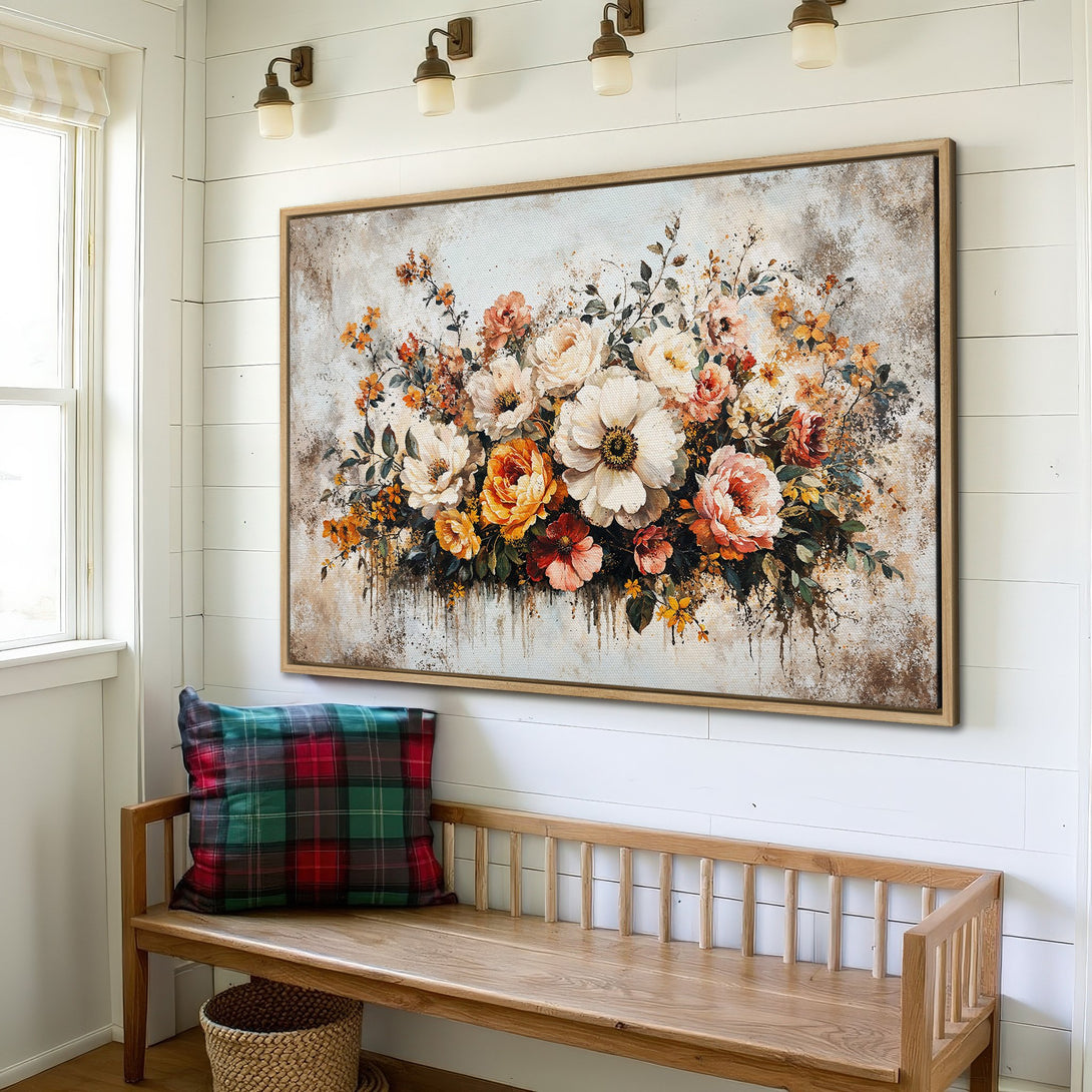 Framed Wall Art featuring a beautiful floral bouquet in warm, earthy tones. Perfect farmhouse style decor for a cozy interior.
