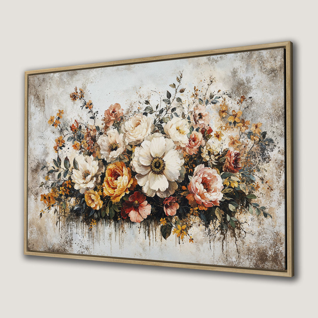 Canvas Print of a floral bouquet with warm, earthy tones. Features a watercolor style with a soft, natural color palette. Perfect framed wall art.