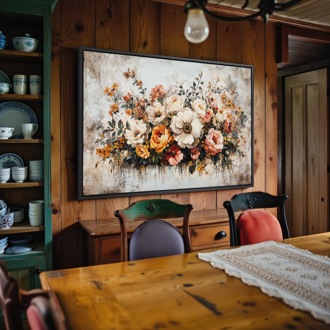 Framed Wall Art: Floral Canvas Print in warm tones. Rustic style art with a cream, orange & red color palette, perfect for home decor & living room.