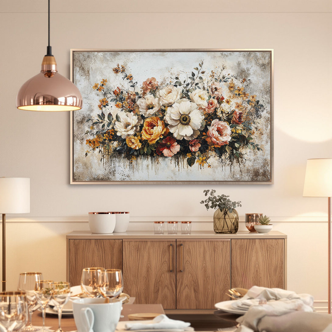 Framed Wall Art: Stunning floral Canvas Print in warm tones, perfect for any home. Featuring a beautiful bouquet in a neutral color palette.