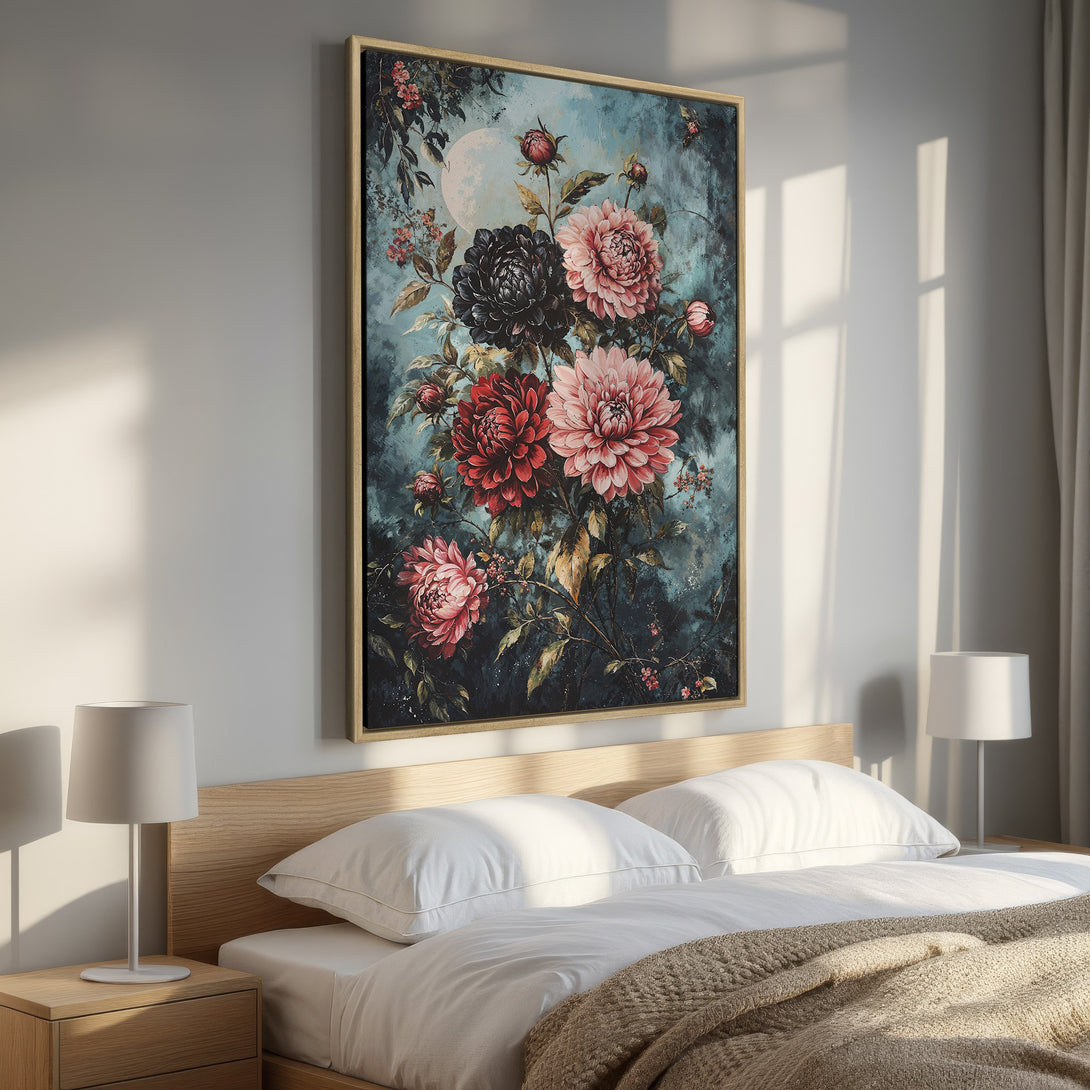 Framed Wall Art: Romantic floral Canvas Print with a moody, vintage aesthetic. Features rich reds, pinks, and teal tones. Perfect for bedroom decor.