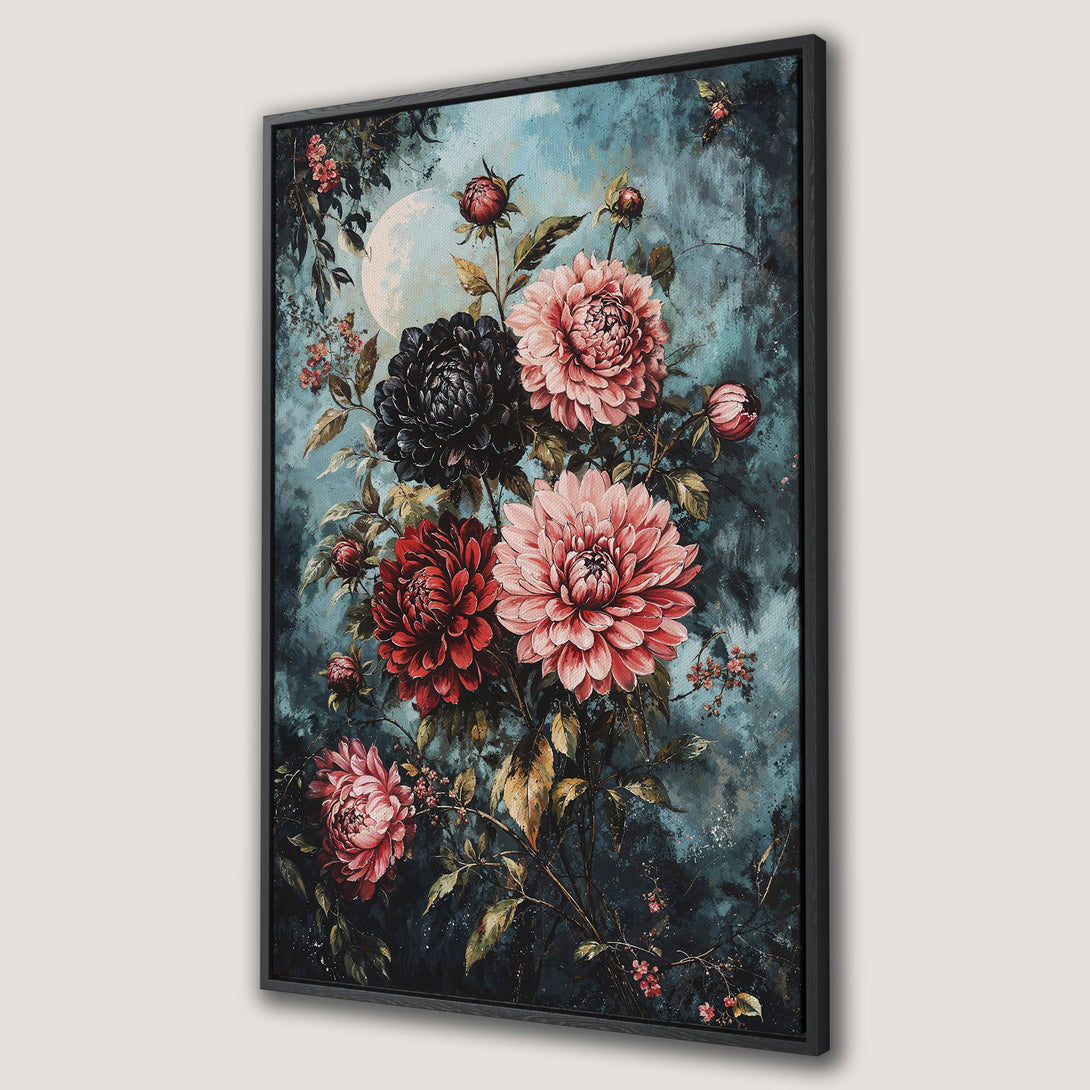 Framed Wall Art featuring a floral painting with dahlias in shades of red, pink, and black against a teal background. Perfect for adding elegance to any space.