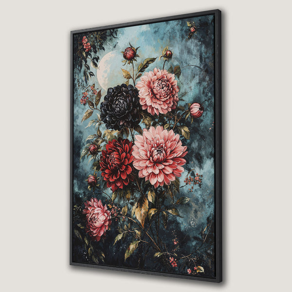 Framed Wall Art featuring a floral painting with dahlias in shades of red, pink, and black against a teal background. Perfect for adding elegance to any space.