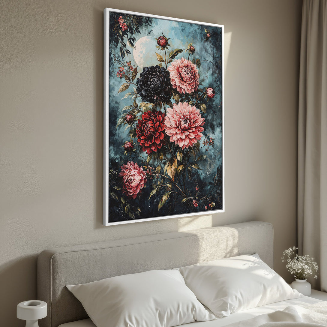 Framed Wall Art featuring a floral painting with a vintage style. The art showcases dahlias in red, pink, and black against a teal background. Perfect bedroom decor.