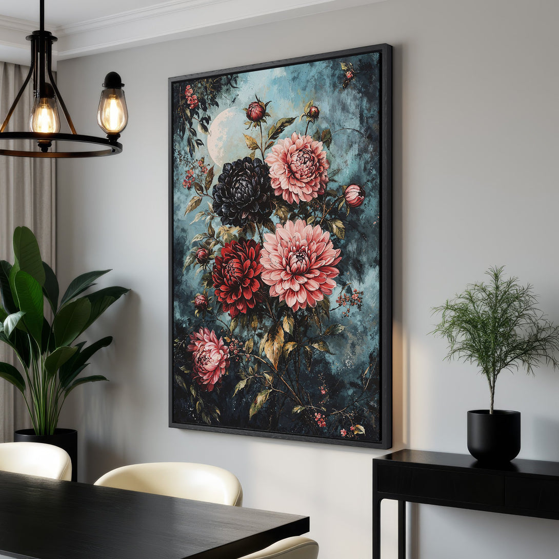 Framed Wall Art: Vintage floral Canvas Print in moody teal and blush tones. Elevate your space with this elegant botanical artwork. Shop now for home decor inspiration!