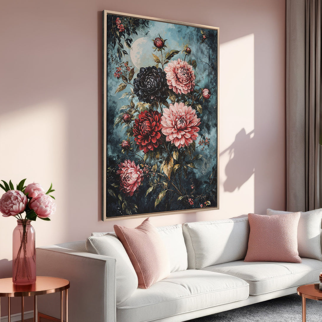 Framed Wall Art of floral painting in a romantic style. Features a teal and pink color palette, perfect for adding elegance to any room.