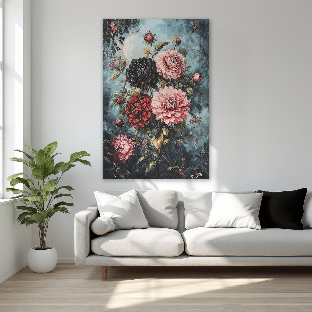 Framed Wall Art featuring a floral painting with a moody teal and red color palette. Enhance your bedroom decor with this elegant Canvas Print.