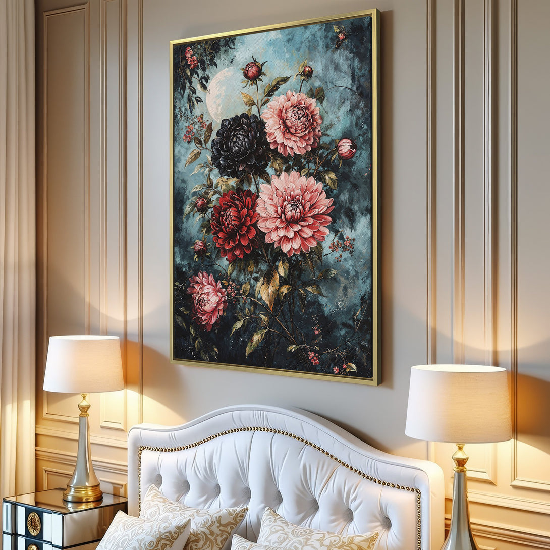 Canvas Print of floral artwork in a vintage style, featuring pink, red, and black flowers against a teal backdrop. Perfect for home decor!