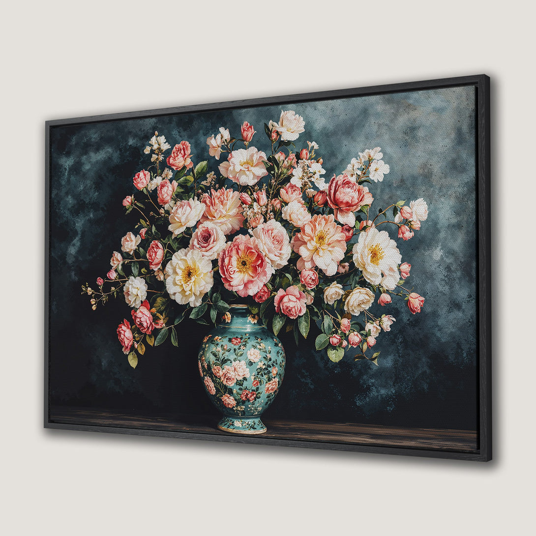 Framed Wall Art: Vintage floral still life Canvas Print in romantic style with pink, cream, and teal color palette, perfect for home decor.