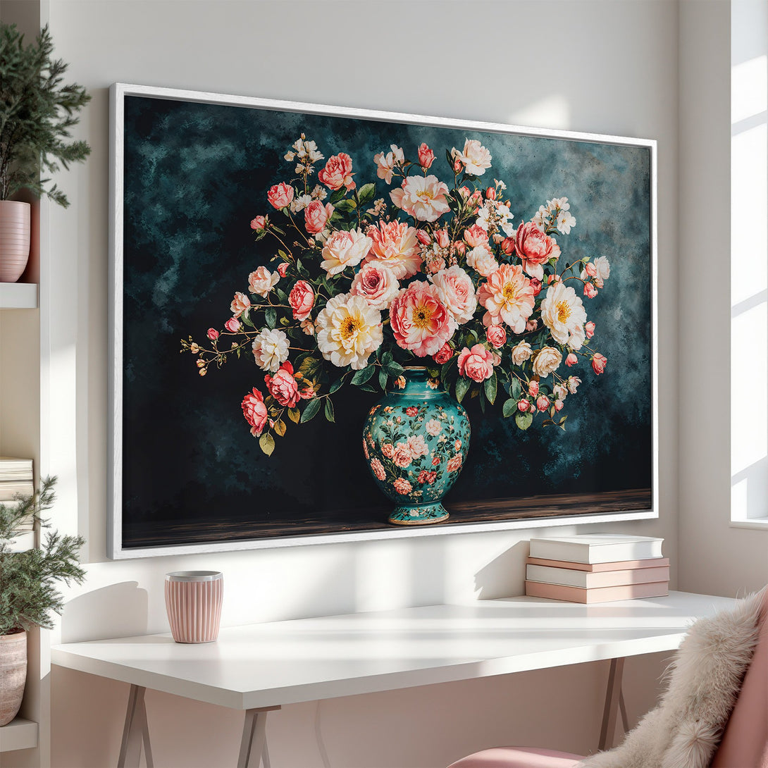 Framed Wall Art featuring a floral still life with a teal vase and pink roses, set against a dark background. Elegant, romantic style with a soft color palette.