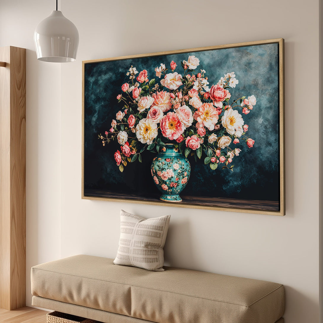 Framed Wall Art featuring a floral still life with roses in a turquoise vase. Romantic style, with a teal and pink color palette. Perfect home decor.