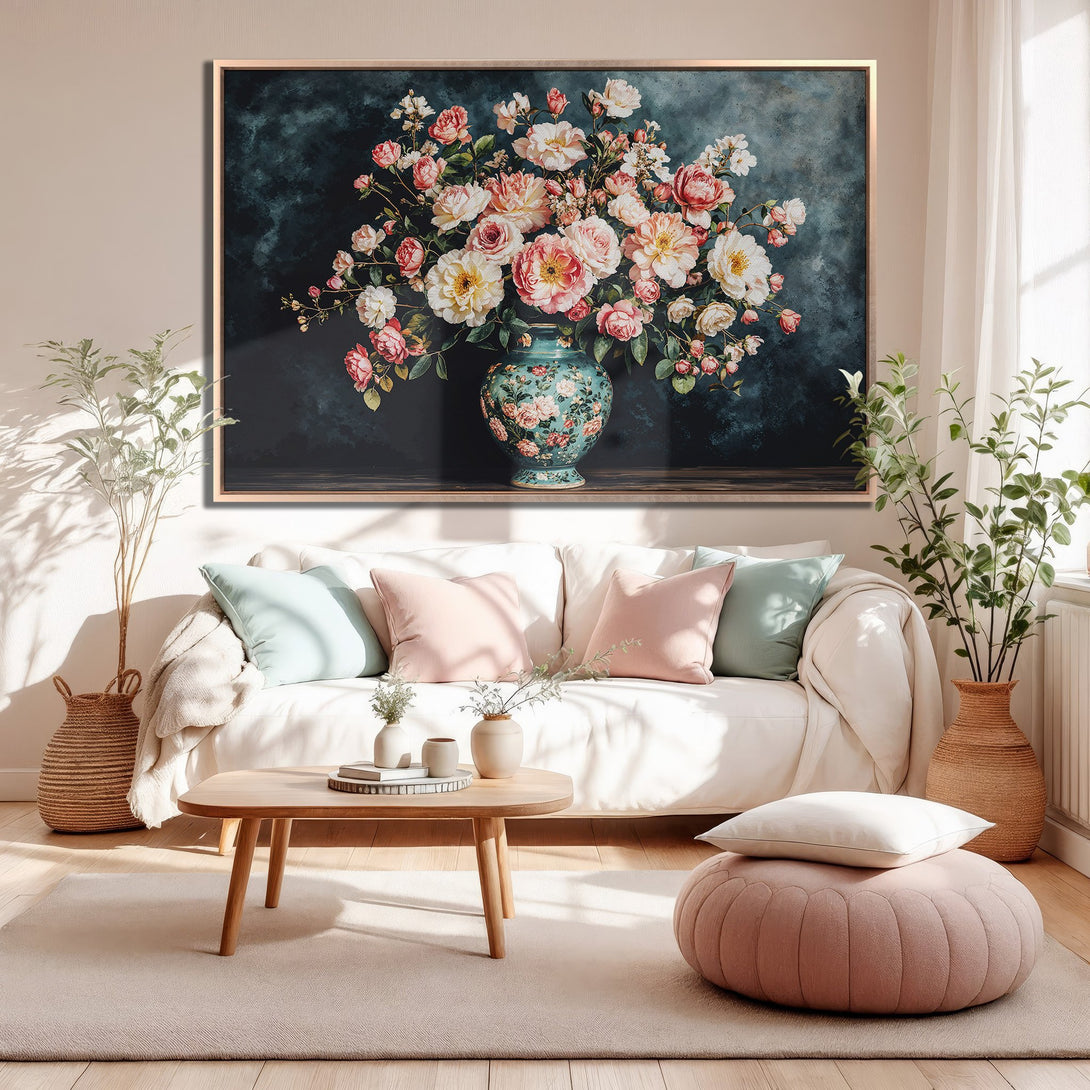 Framed Wall Art: Floral Canvas Print in a living room. Romantic style with pink, cream, and teal accents. Perfect for home decor.