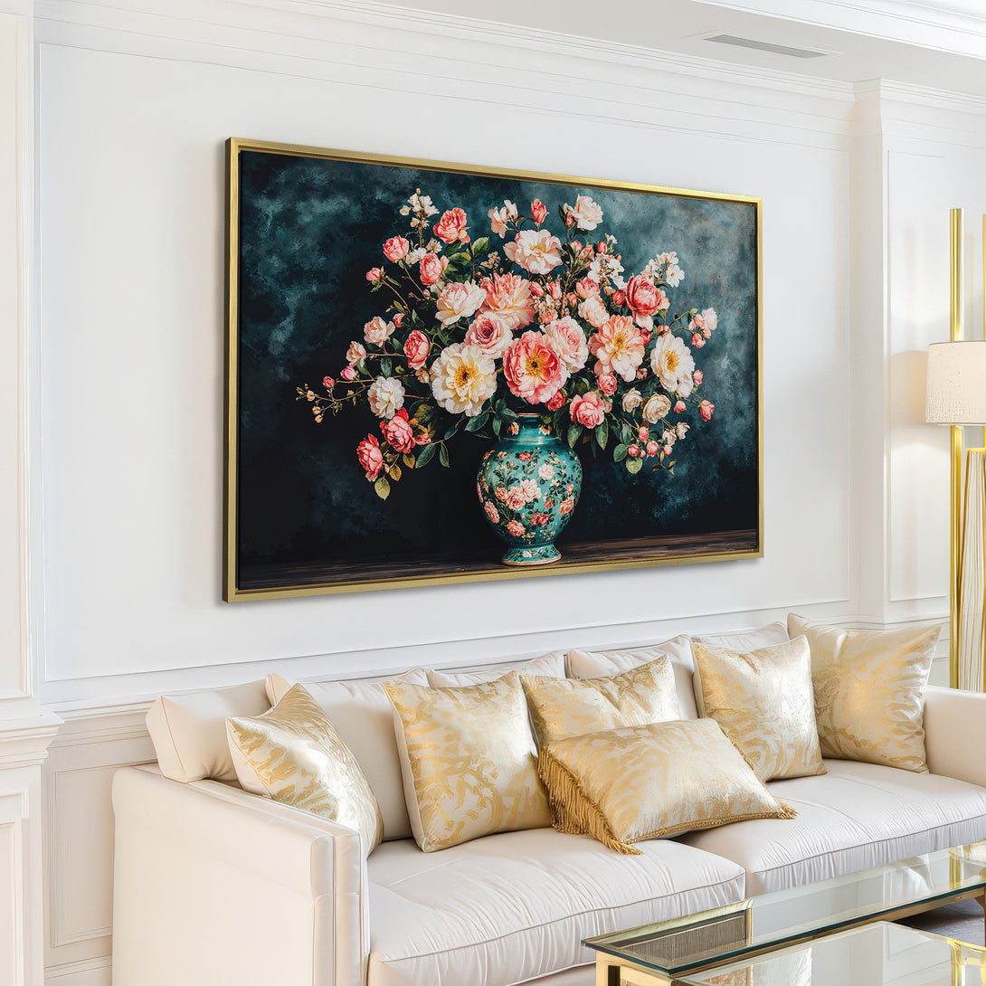 Canvas Print of a floral bouquet in a vase, displayed in a living room. Romantic style with pink, cream, and teal tones. Perfect wall art.