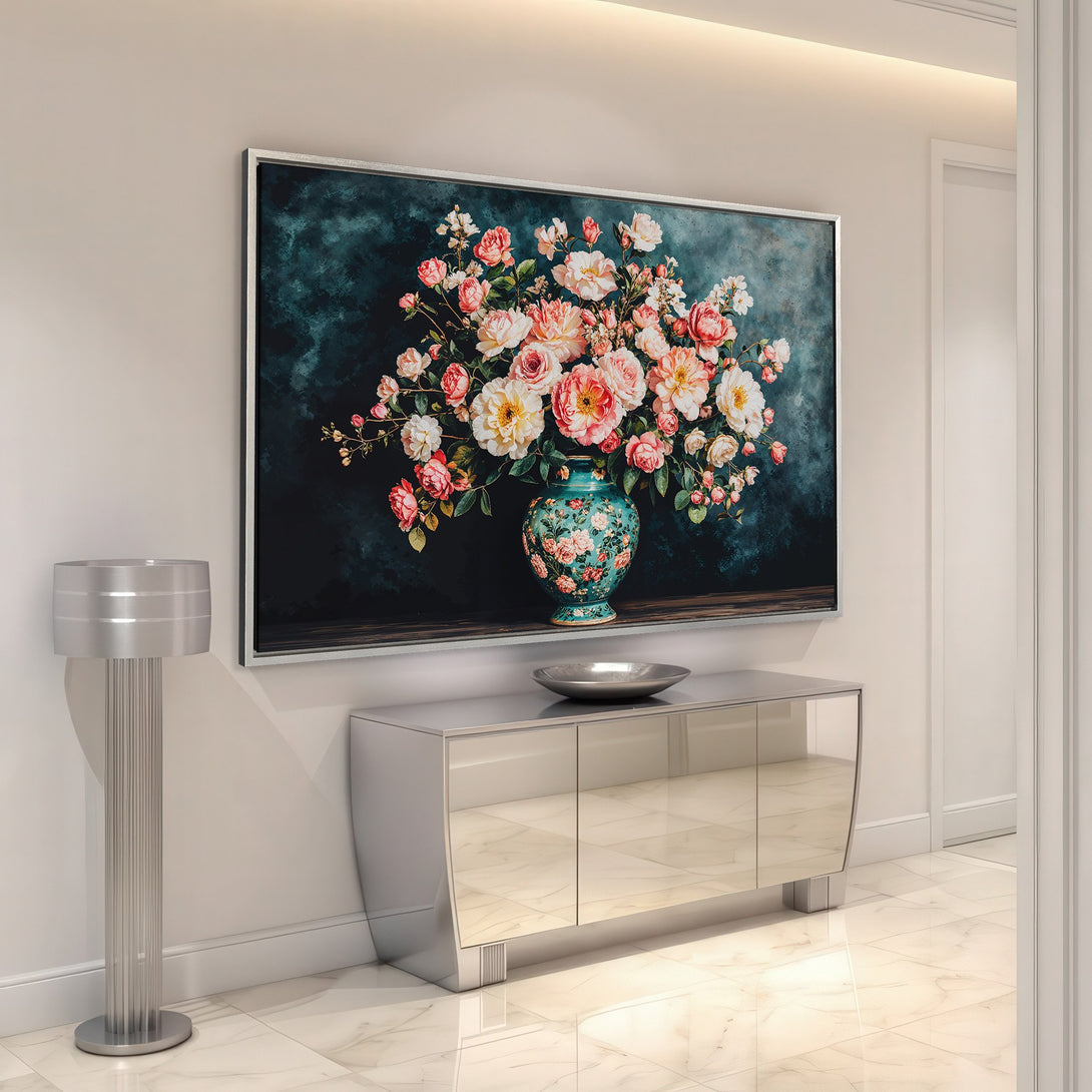 Framed Wall Art featuring a floral still life in a teal vase, showcasing a romantic style with a warm, inviting color palette. Perfect for elegant home decor!