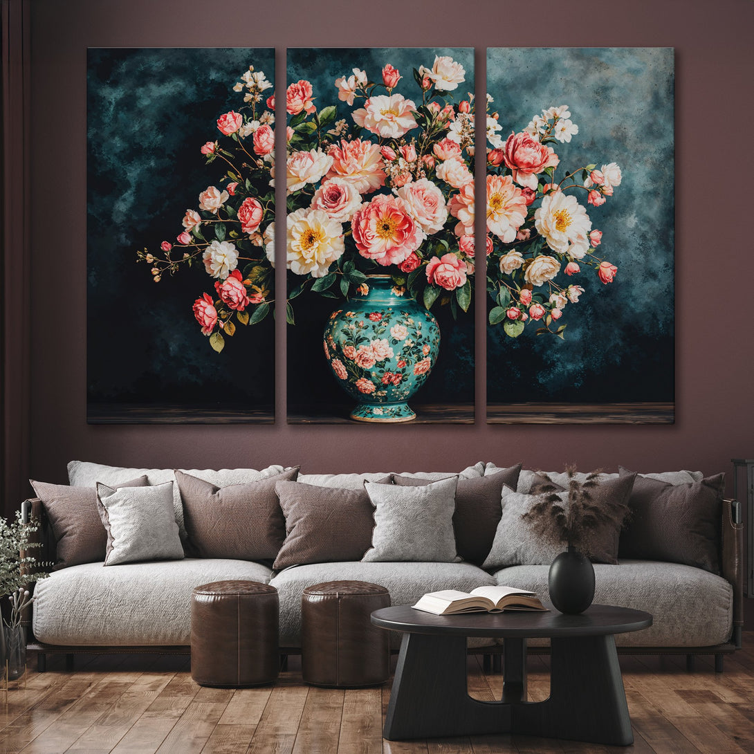 Canvas Print featuring a floral still life in a teal vase. Romantic style with a dark teal, pink, and cream color palette. Perfect wall art!