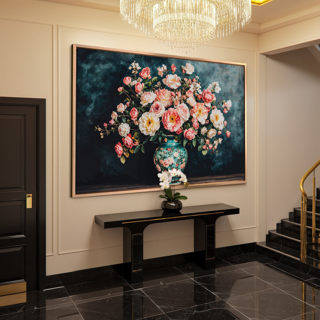 Framed Wall Art: Elegant floral Canvas Print in a luxurious interior. Features a vibrant bouquet with a teal, pink, and cream color palette. Perfect for home decor.
