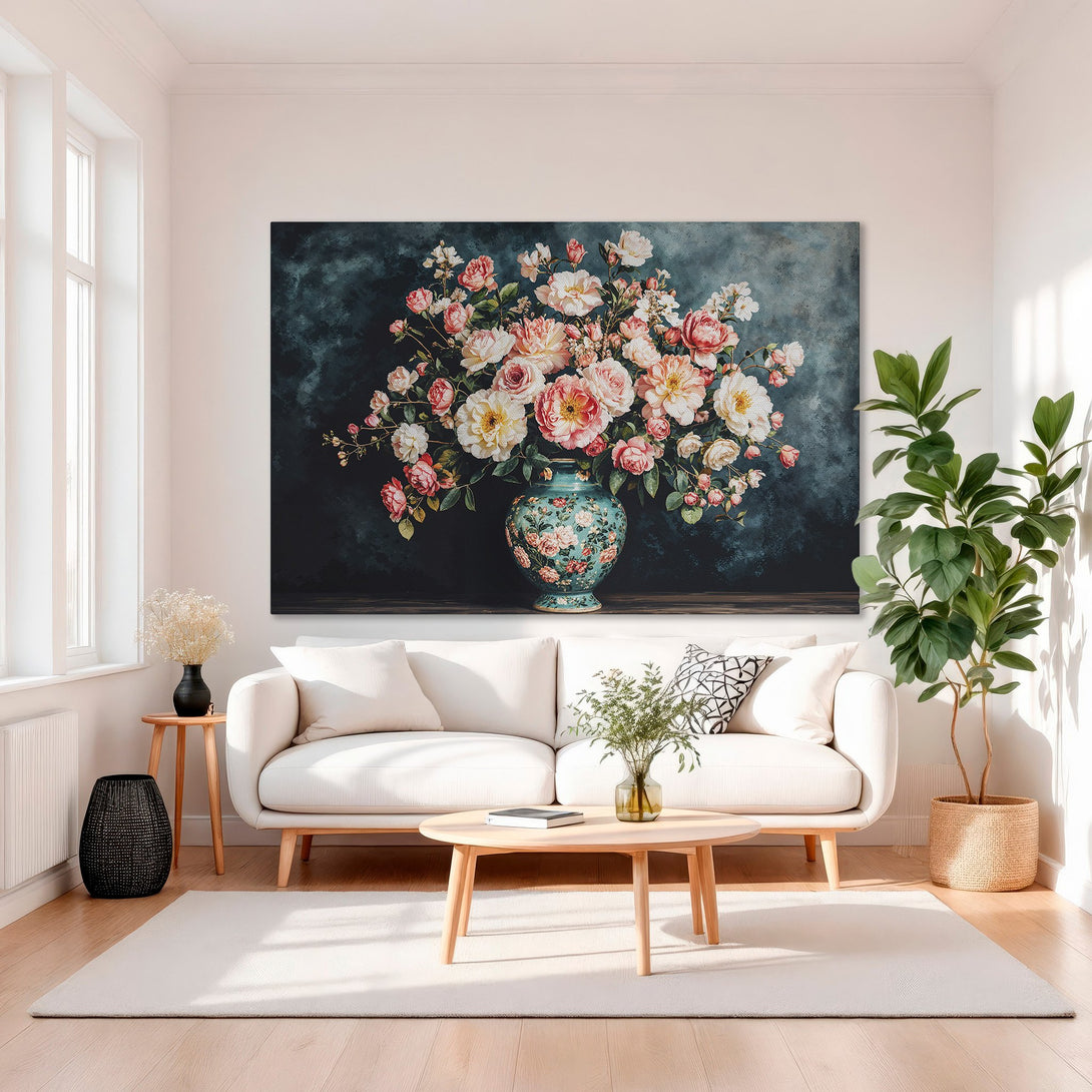 Framed Wall Art: Floral still life Canvas Print. Romantic style, featuring pink and cream flowers on a teal background. Perfect for elegant decor.