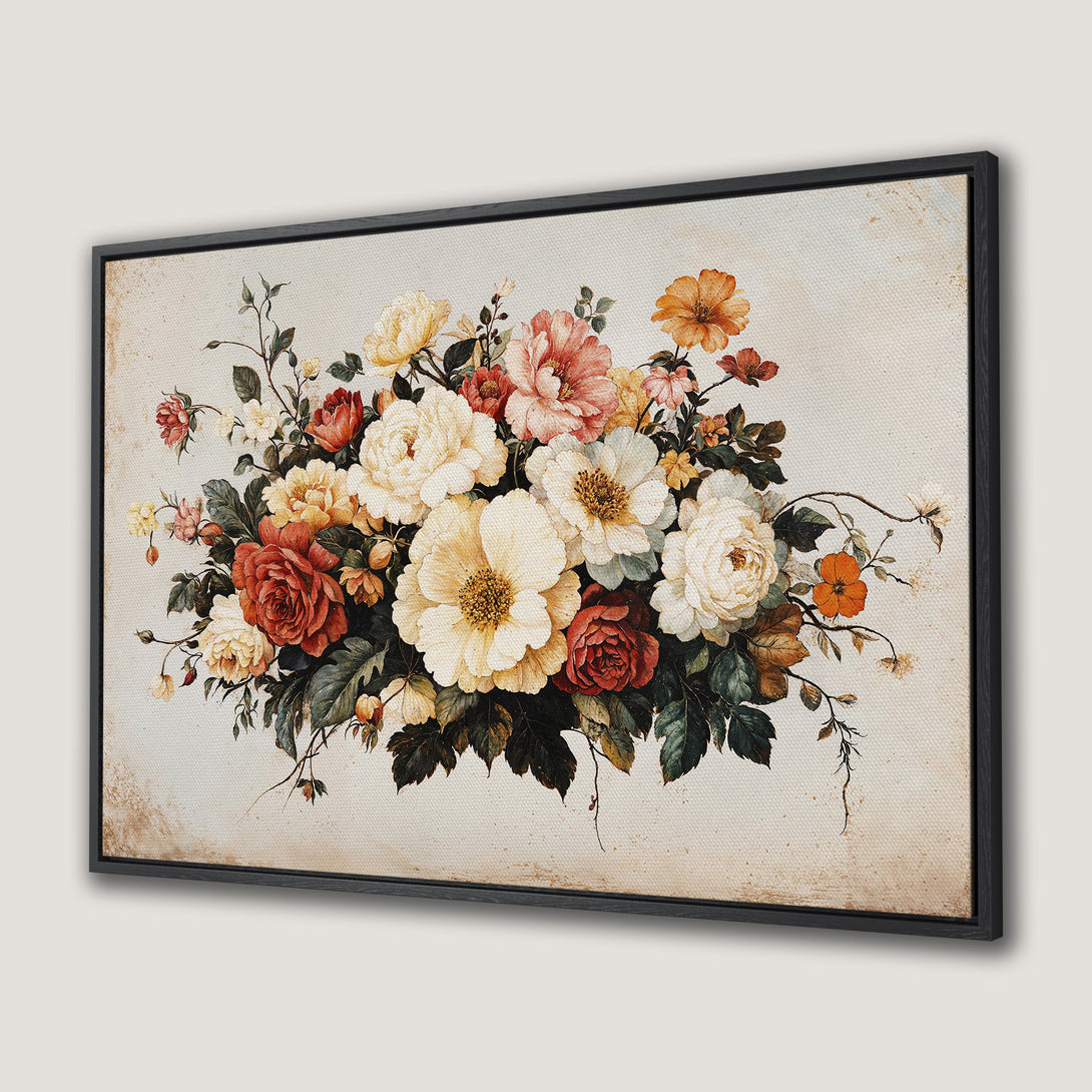 Framed Wall Art: Vintage floral bouquet Canvas Print. Romantic style with a warm, earthy color palette of reds, yellows, and greens. Perfect home decor!