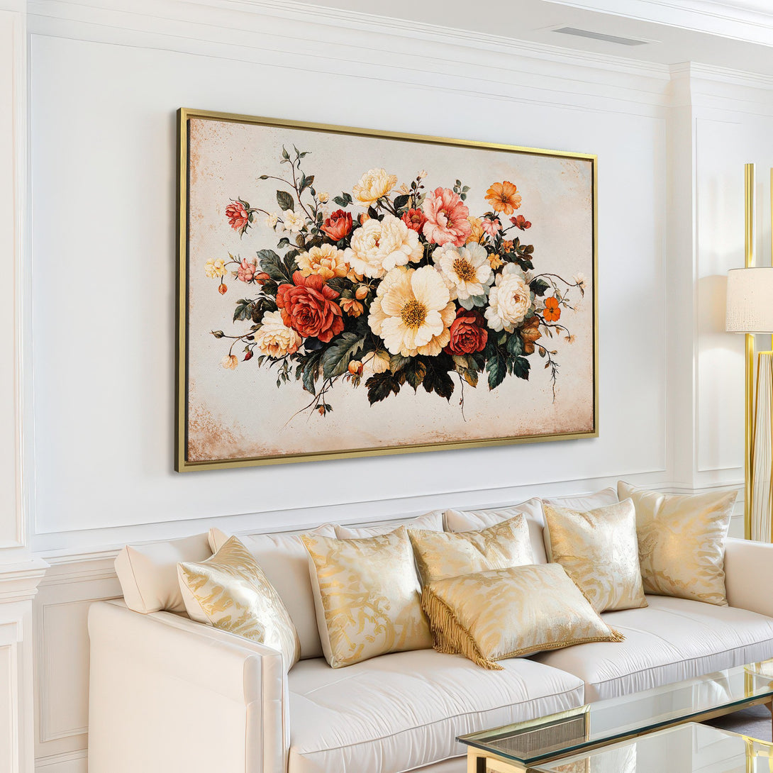 Canvas Print of a floral bouquet in a vintage style, featuring warm tones of red, yellow, and cream, displayed in a bright, modern living room.