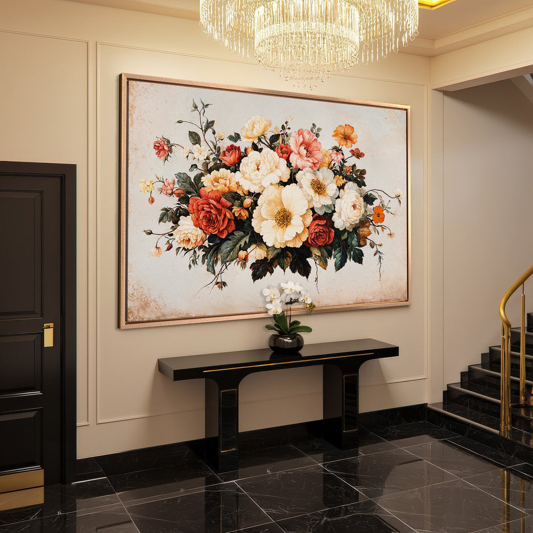 Framed Wall Art: Elegant floral Canvas Print in a luxurious interior. Warm, vibrant colors create a stunning focal point. Shop now to elevate your space!
