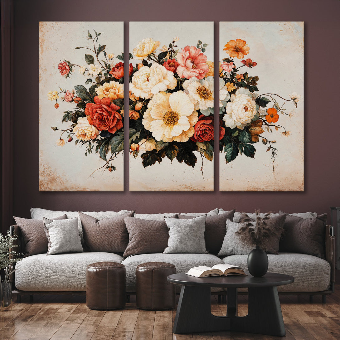 Canvas Print: Floral triptych art in warm tones of red, yellow, and cream. Perfect for living room decor. Enhance your space with this beautiful wall art!