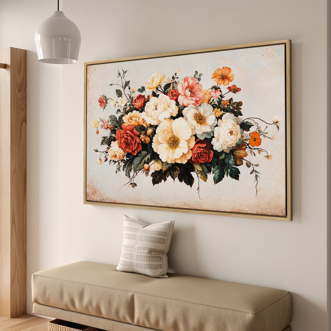 Framed Wall Art: Vintage floral print in warm tones. Beautiful canvas art featuring roses and other flowers in a classic style. Perfect for home decor.