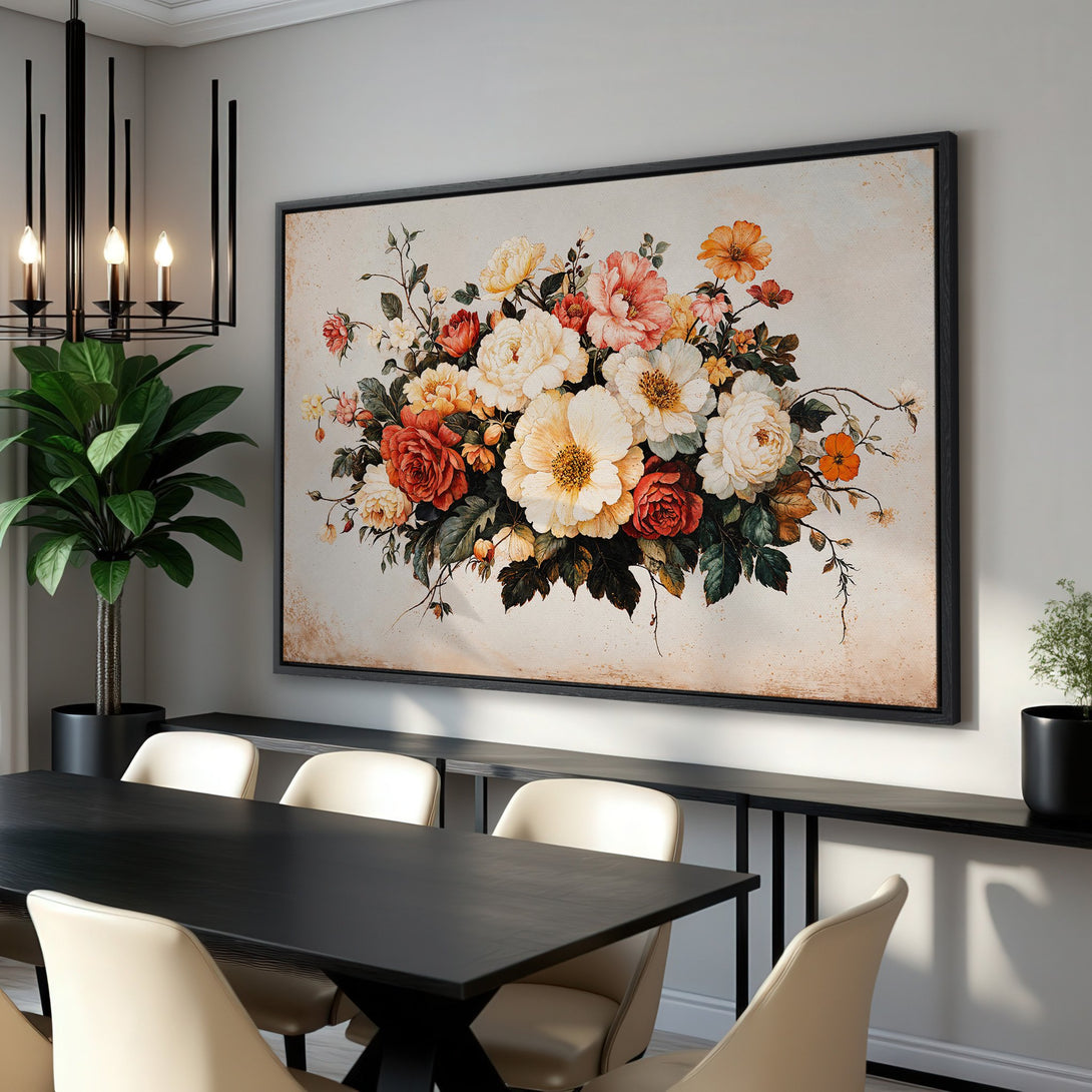 Framed Wall Art: Vintage floral Canvas Print in warm tones. Adds elegance to any dining room or living space. Shop now for beautiful wall decor!