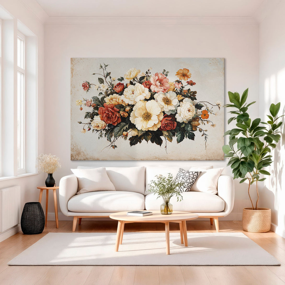 Framed Wall Art featuring a vibrant floral bouquet in warm tones. Elegant, vintage style Canvas Print with a gold frame, perfect for adding a touch of luxury.