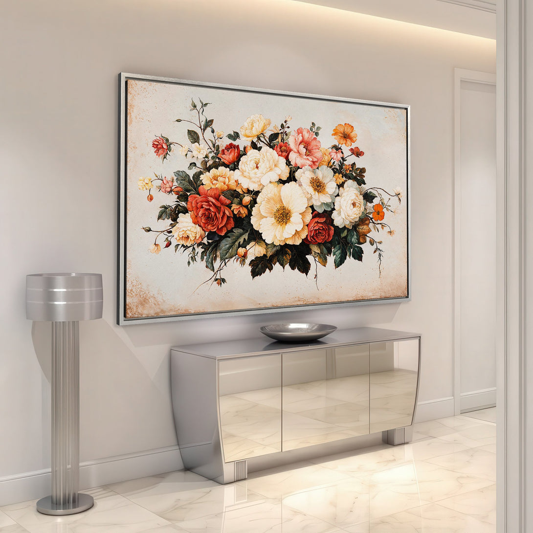 Framed Wall Art: Vintage floral Canvas Print in warm tones of red, orange, and cream. Adds elegance and style to any interior space.