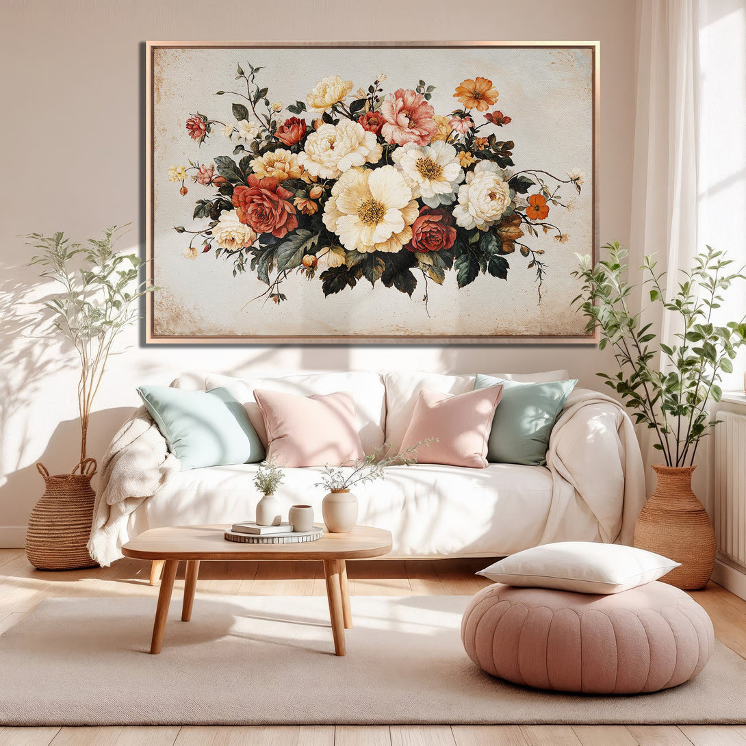 Framed Wall Art: Vintage floral bouquet canvas print with warm, earthy tones. Perfect for adding a touch of elegance to your living room decor.