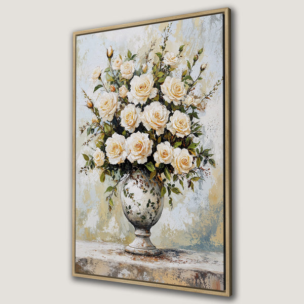 Framed Wall Art featuring a floral still life with white roses in a vase. Romantic, impressionistic style with a soft, neutral color palette.