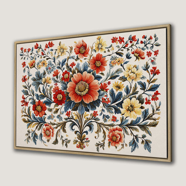 Framed Wall Art with floral design. Vintage style, featuring red, yellow, and blue flowers on a cream background. Perfect for adding elegance to your home!