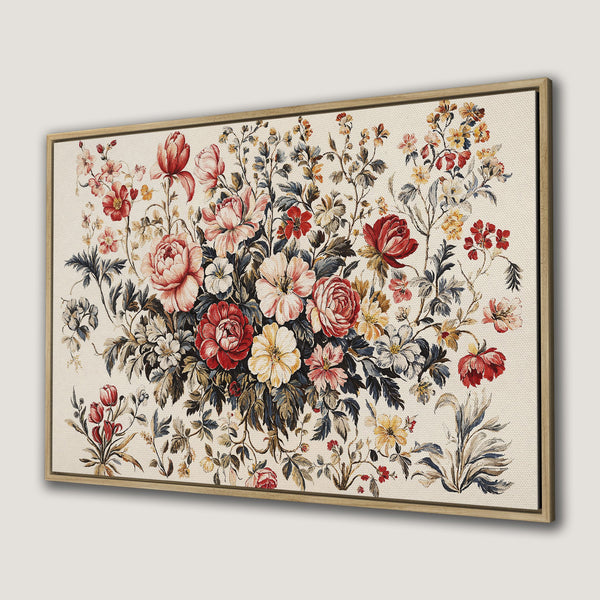 Framed Wall Art featuring a vintage floral bouquet in a warm, inviting color palette of reds, pinks, and yellows. Perfect for adding elegance!