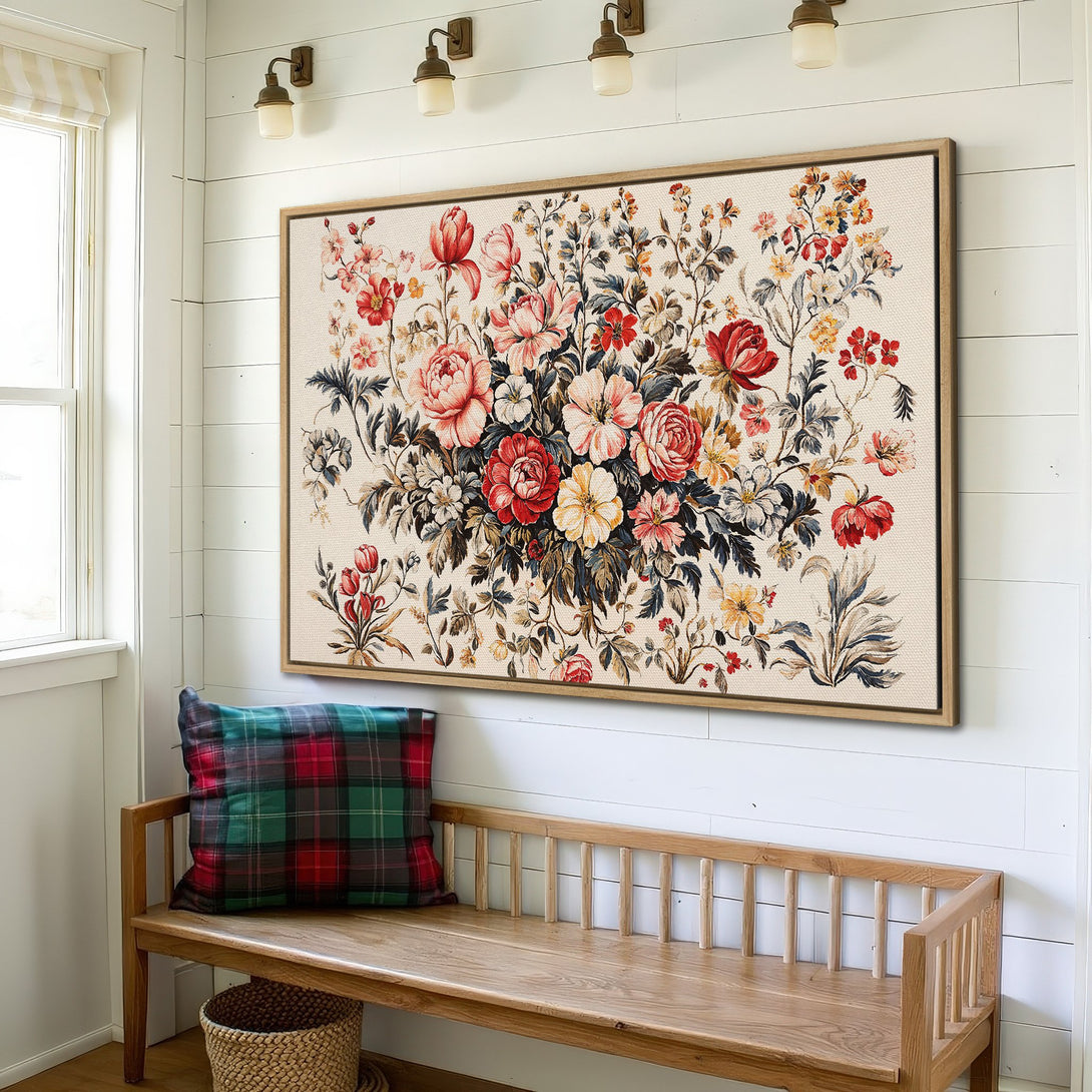 Framed Wall Art featuring a vintage floral design in red, cream, and yellow hues. Perfect for adding a touch of elegance to any space.