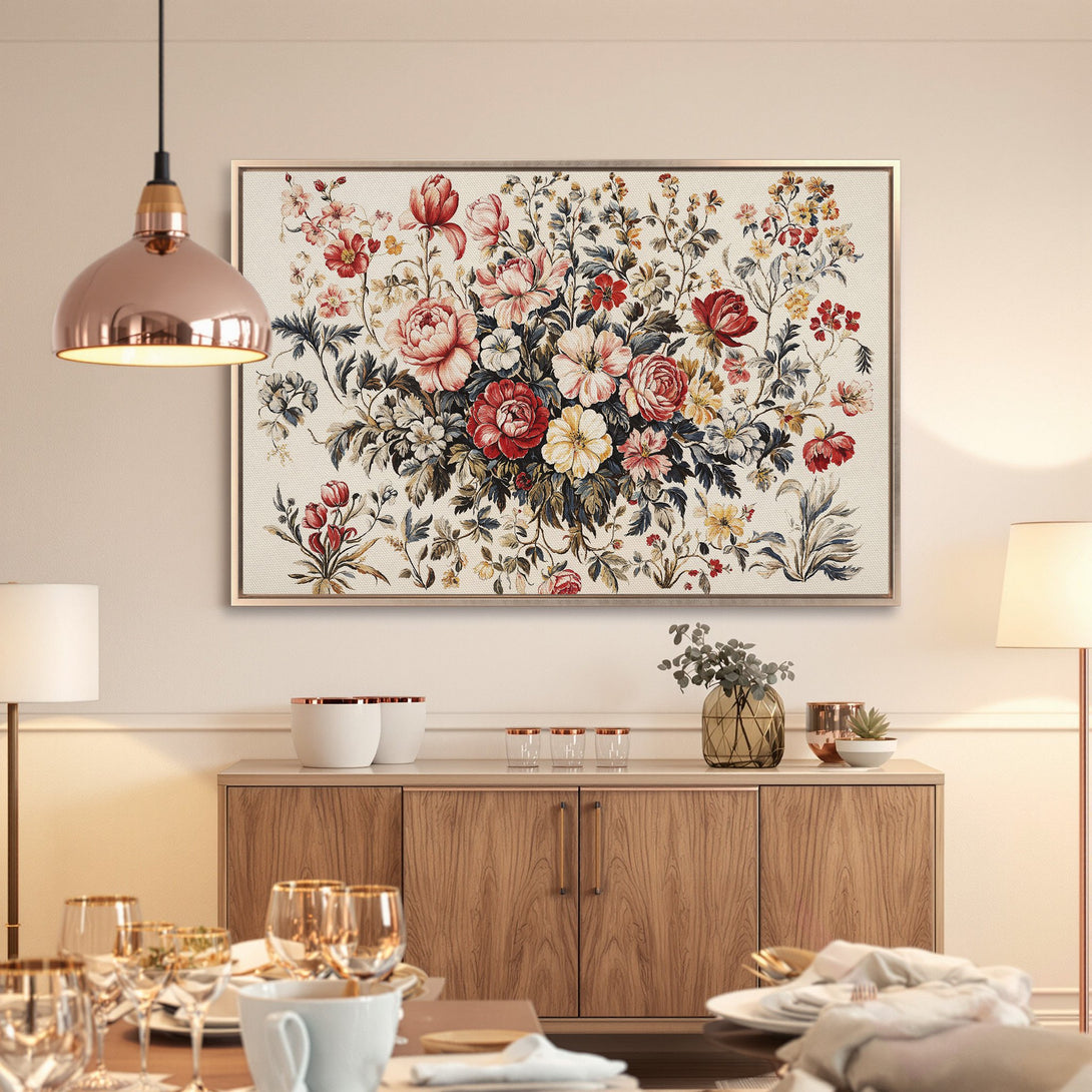 Framed Wall Art: Elegant floral Canvas Print in a dining room. Features a classic style with a warm, inviting color palette of reds, pinks, and creams.