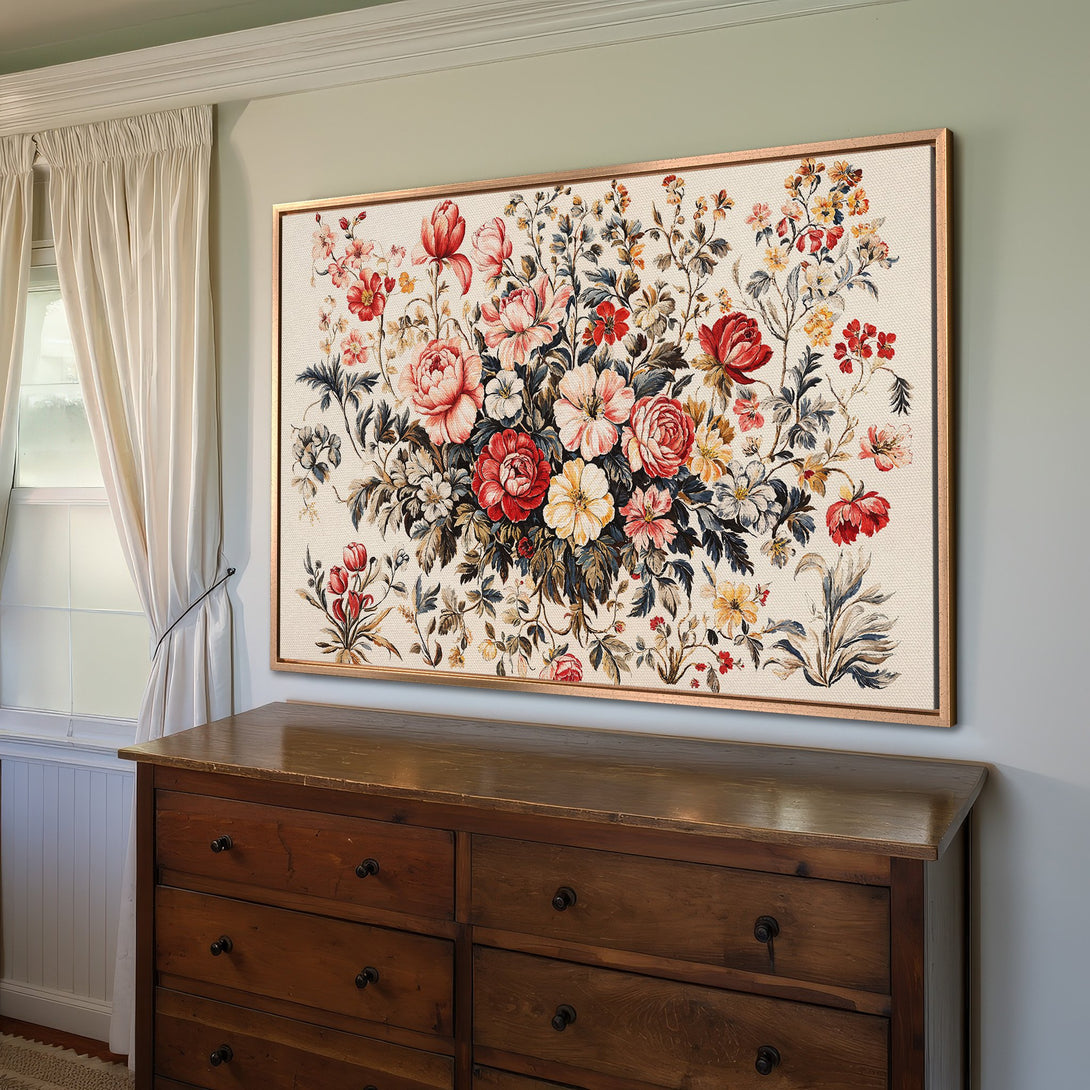 Framed Wall Art featuring a vibrant floral print. Romantic style with a warm color palette of red, pink, and yellow. Perfect for adding elegance to any room.