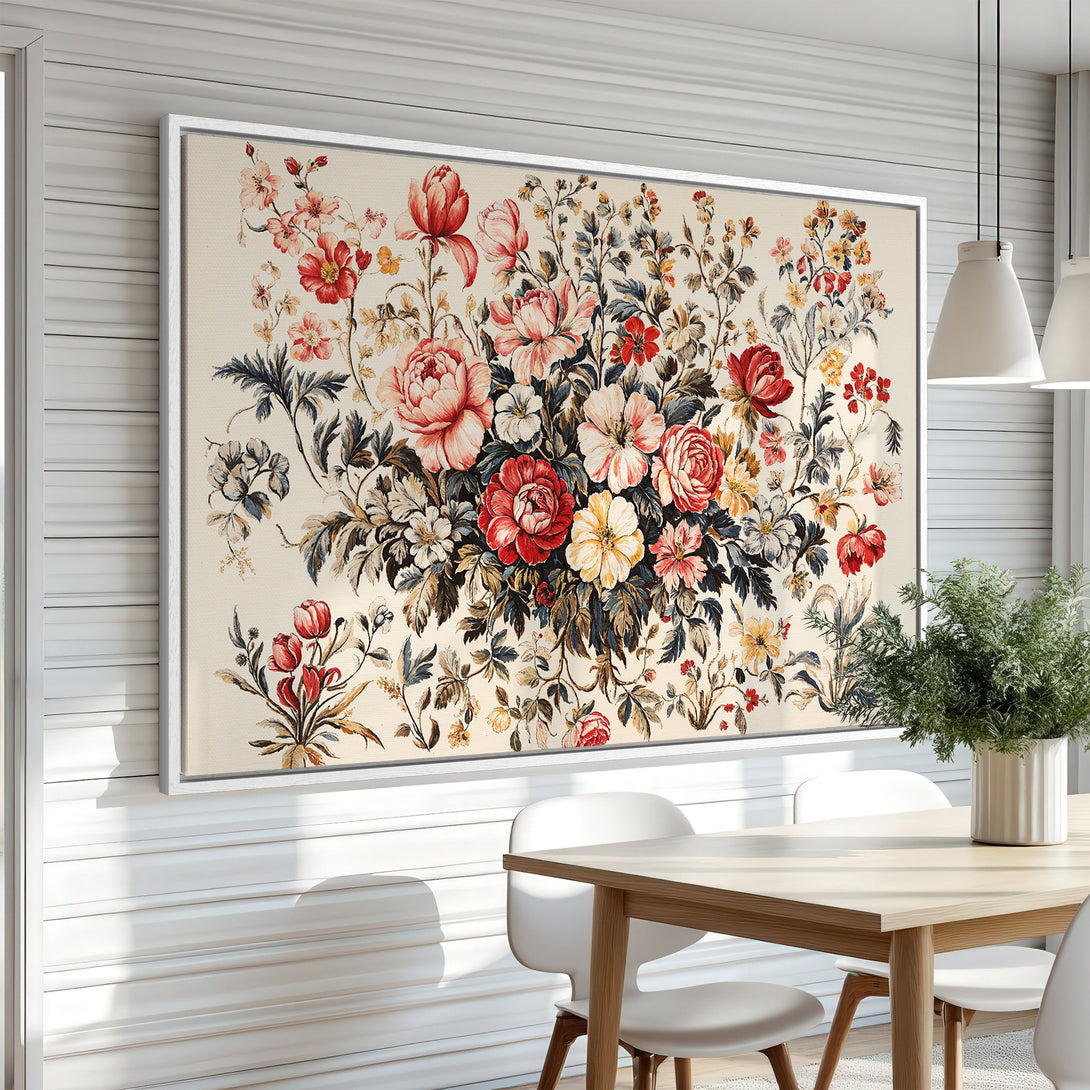 Framed Wall Art featuring a vintage floral design in red, pink, and cream tones. Perfect for adding a touch of elegance to your home decor.