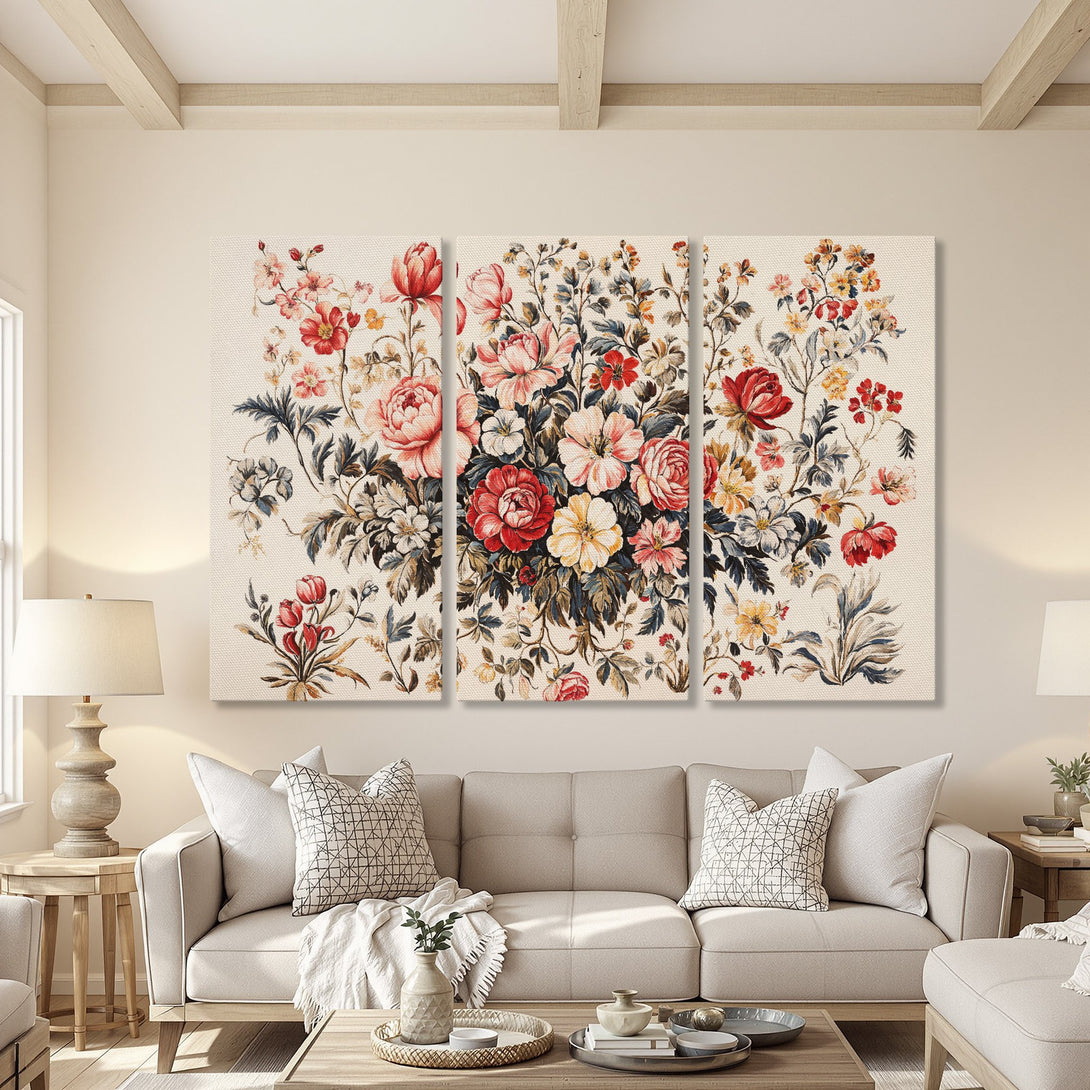 Canvas Print floral triptych in a warm interior. Featuring vintage style botanical art with red, pink, and yellow blooms. Adds elegance to any space!