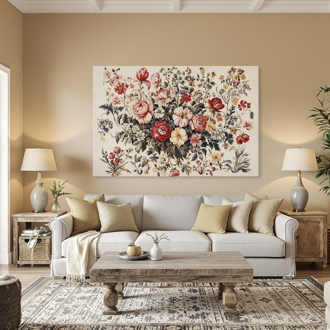 Framed Wall Art: Vintage floral Canvas Print with red, pink, and yellow blooms. Classic style, perfect for adding elegance to any room.