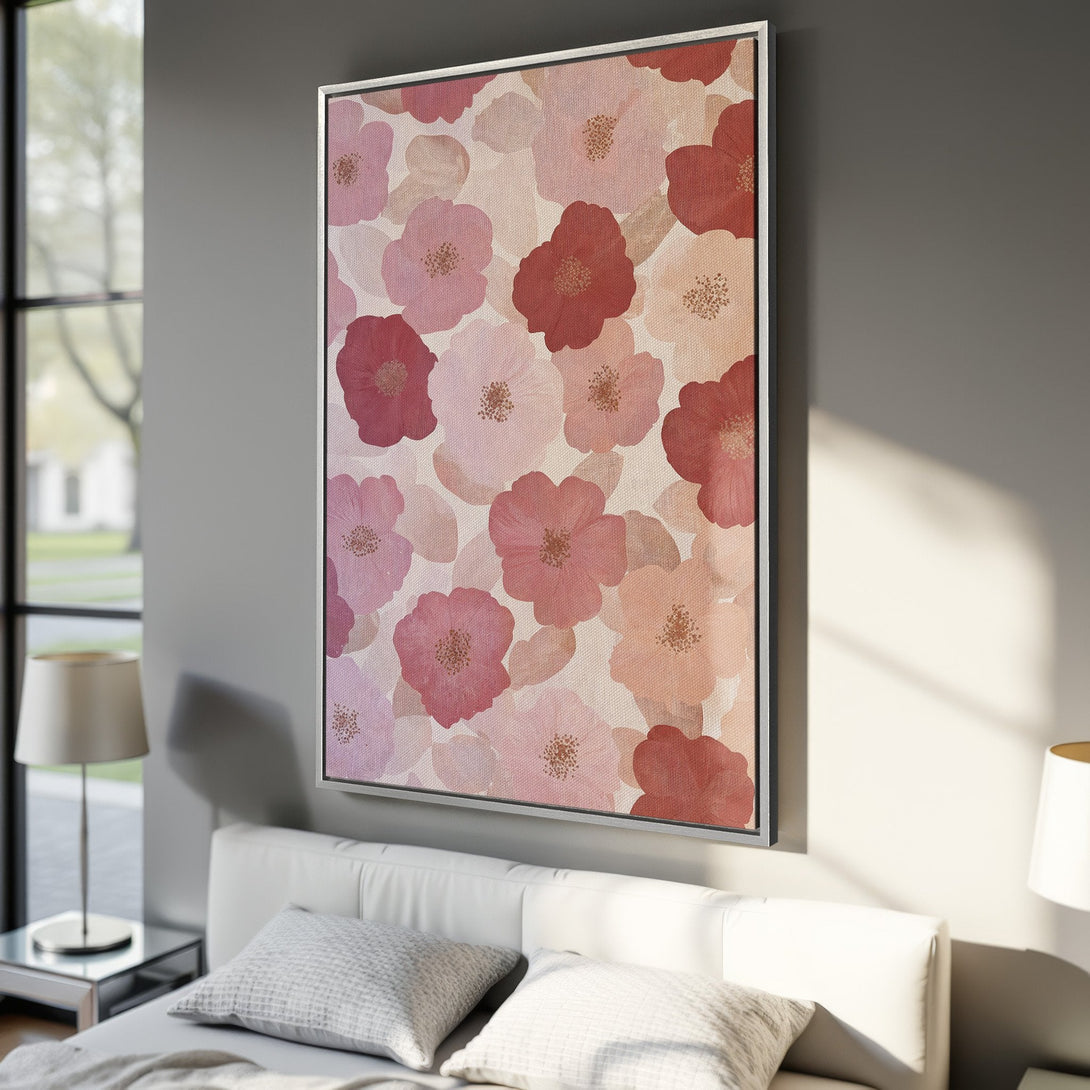 Framed Wall Art featuring a floral pattern in soft pink and red hues. Perfect for adding a touch of elegance to any bedroom. Shop now!