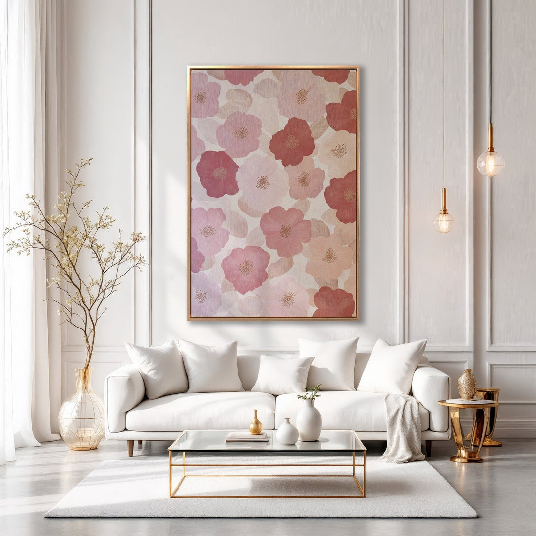 Framed Wall Art featuring a floral design in a soft pink and beige color palette. Modern, elegant canvas print for living room decor.